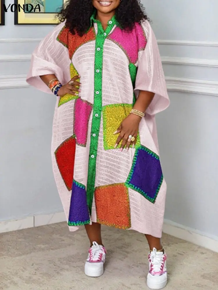 حجم كبير 5XL فوندا المرأة البوهيمي فستان طويل التلبيب 3/4 كم اللون المرقعة فساتين الحفلات عادية خمر رداء المتضخم #3