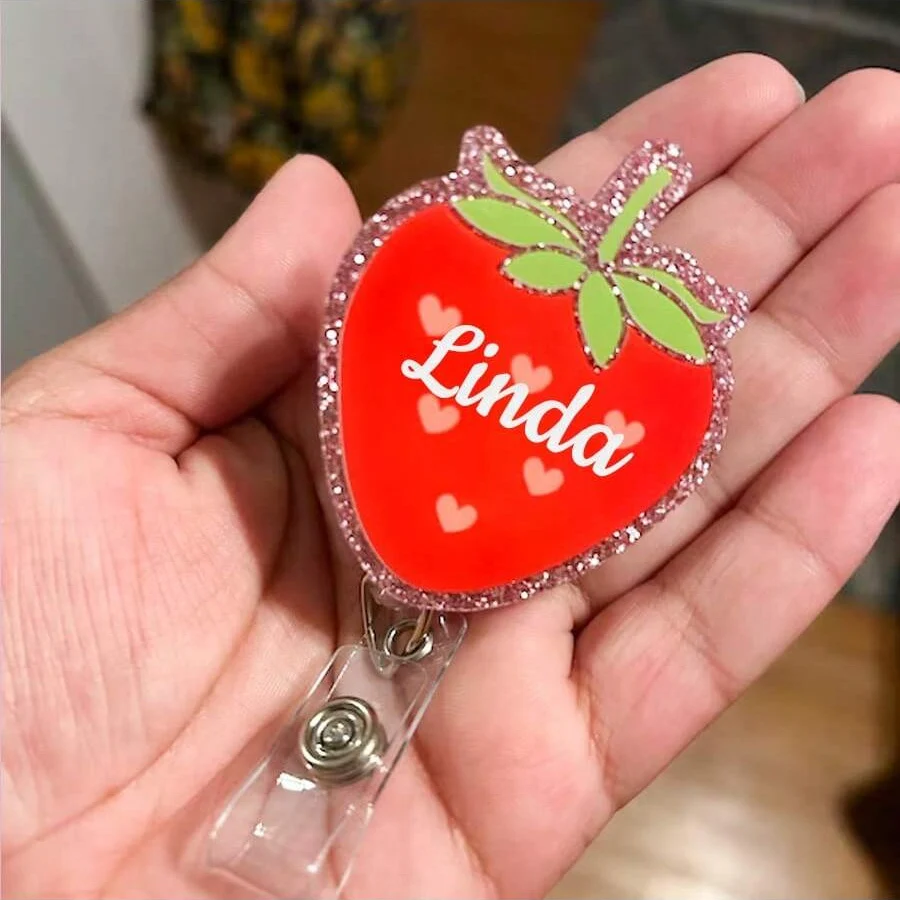 Personalized Strawberry Badge Reel, Custom ID Holder