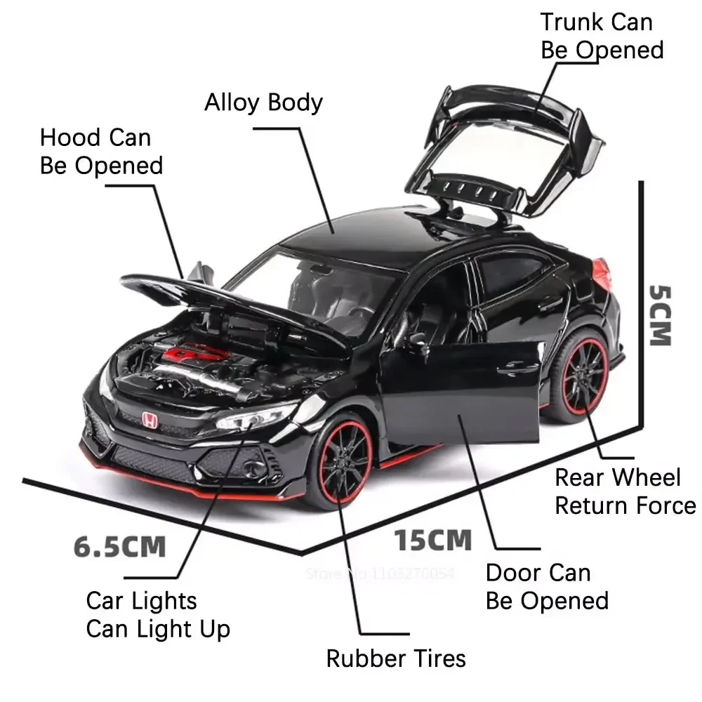 Modèle de voiture Honda Accord CIVIC TYPE-R, jouets en alliage moulé sous pression, 6 portes ouvertes, son et lumière, jouets à tirer, cadeaux d'anniversaire pour enfants, 1/32