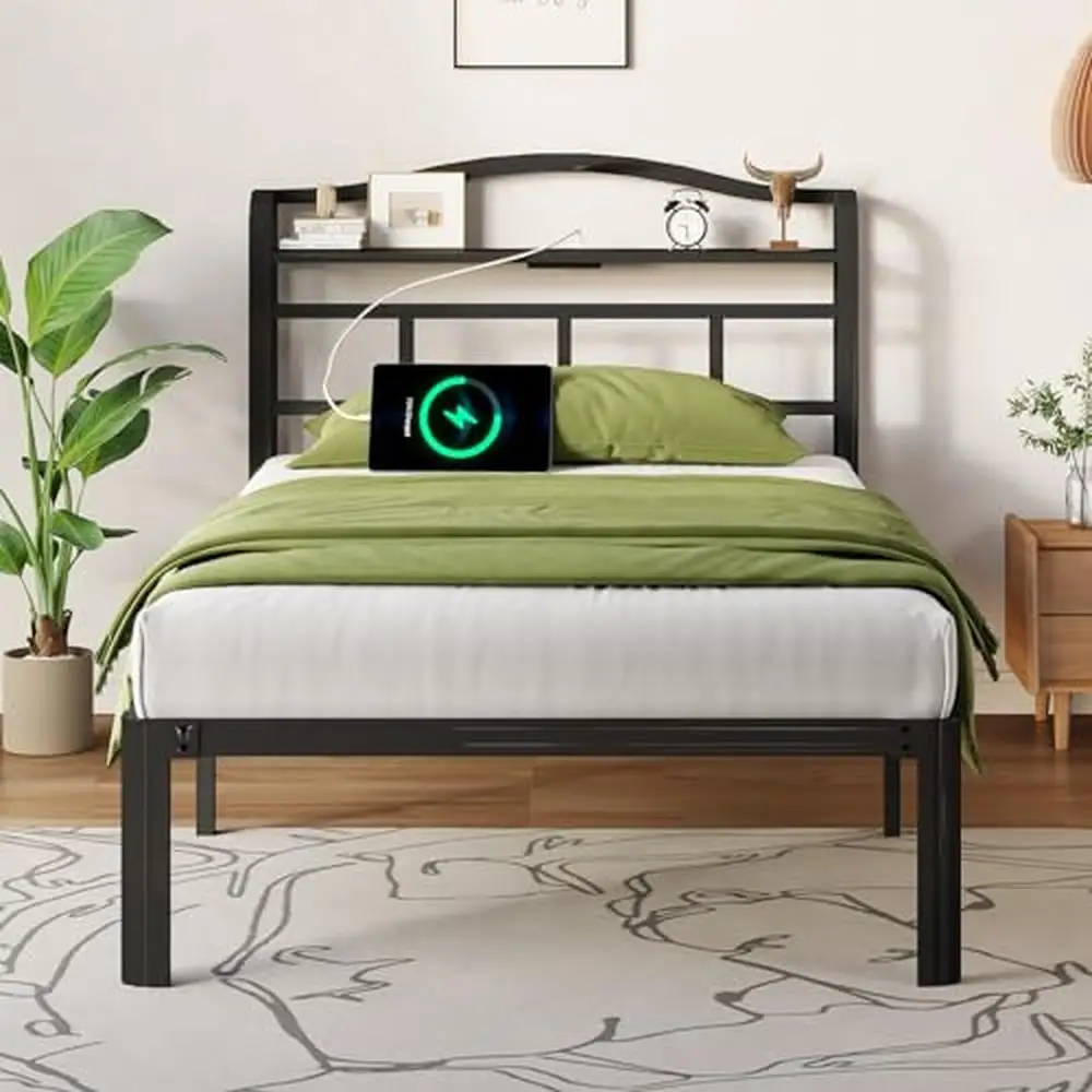 

Stylish Twin XL Metal Bed Frame with Headboard USB & Type C Charging Station Heavy Duty Platform Frame No Box Needed 3600 LBS