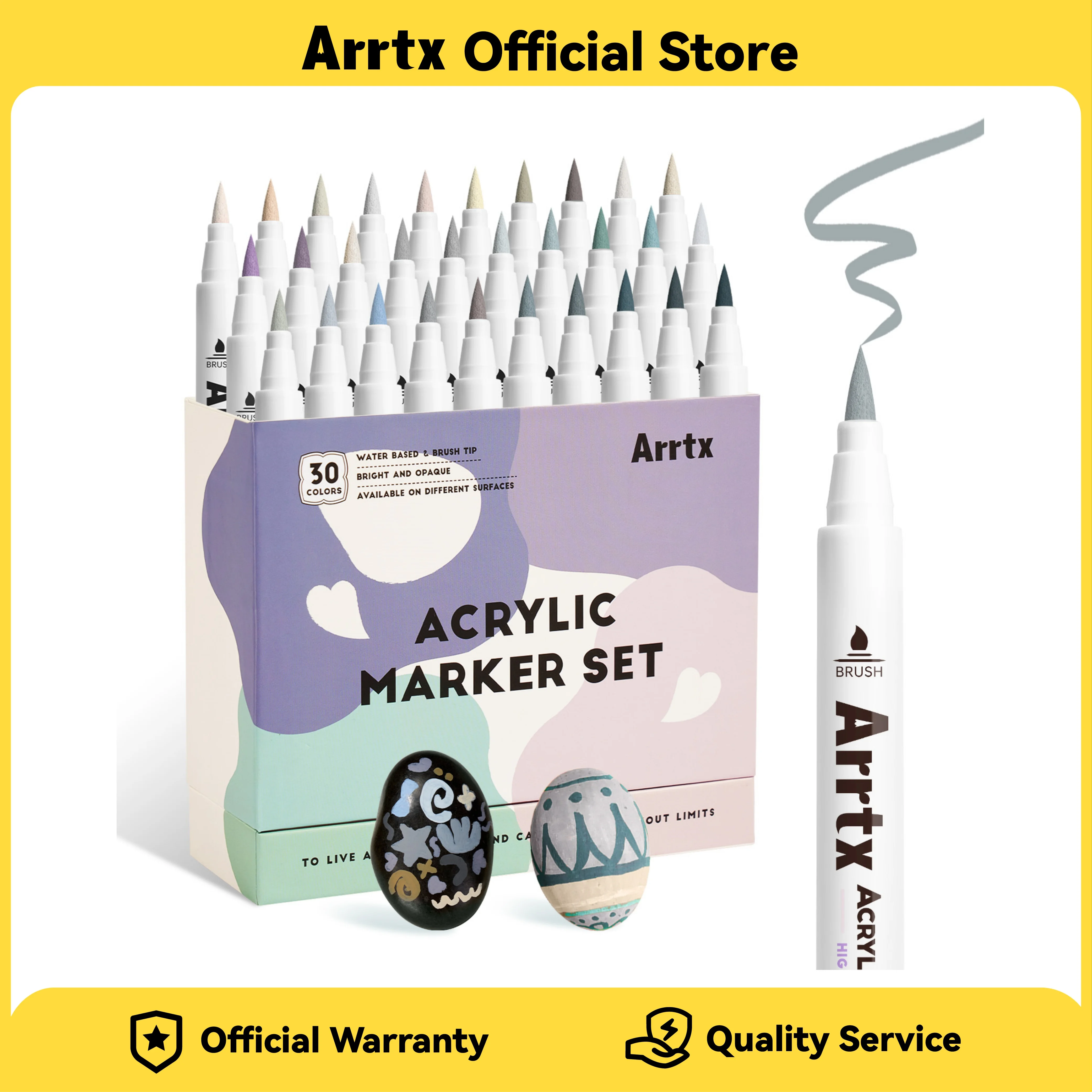 Arrtx 30 Farben Acryl-Malstifte für Steinmalerei, extra Pinselspitze, wasserbasierte Farbmarker für Stein, Glas, Ostereier