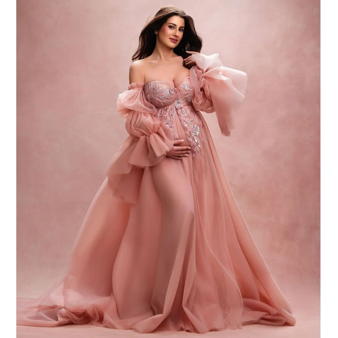 

Pink Prom Dresses Tulle Sweetheart Maternity Photoshoot Dress Customized Lace Appliques vestido de novia Photography Props