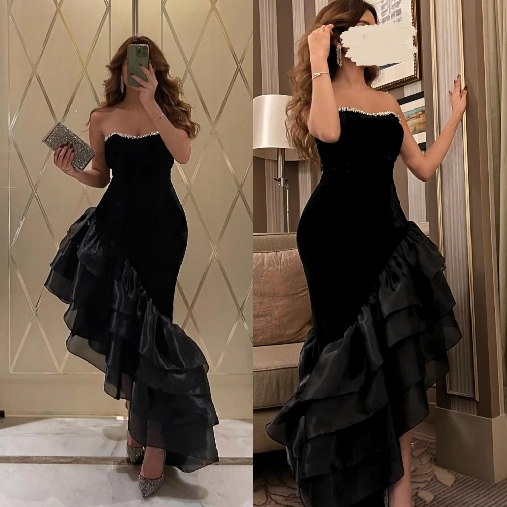 

Customized Prom Dresses Sexy Strapless Mermaid Floor Length Evening Draped Layered Rhinestone Organza Formal Occasion Gown فسات