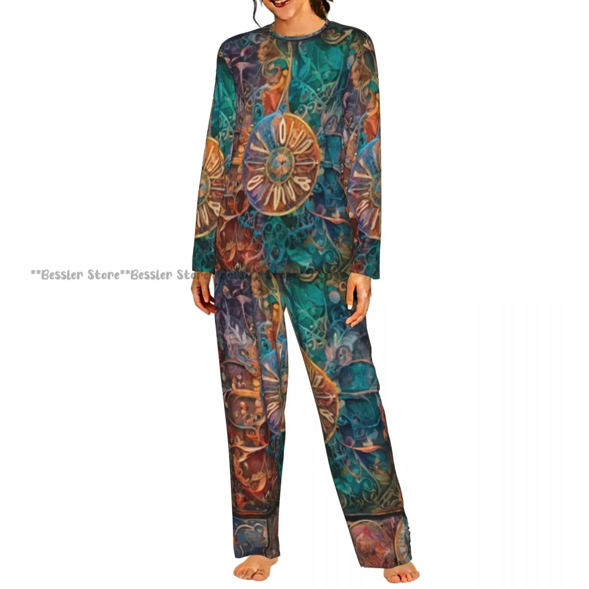 Ladies Soft Pajamas Set Colorful Stained Glass Window Mandala Ornament Round Neck Long Sleeve Long Pants Casual Loose Homewear