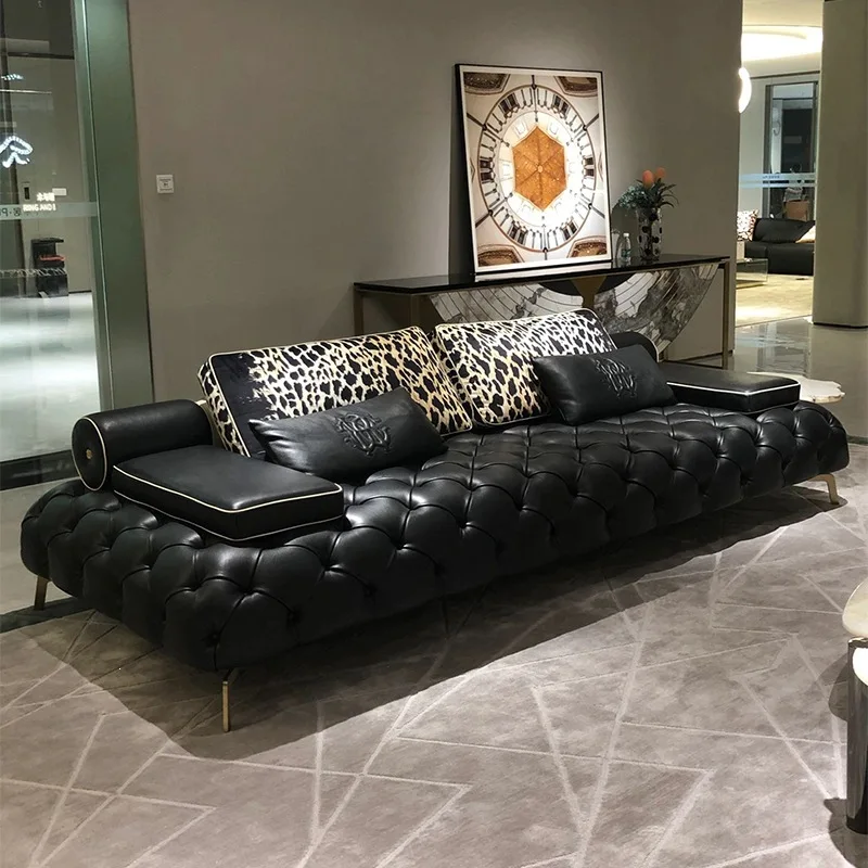 Light luxury buckle sofa modern simple villa large flat floor straight row three-person sofa
