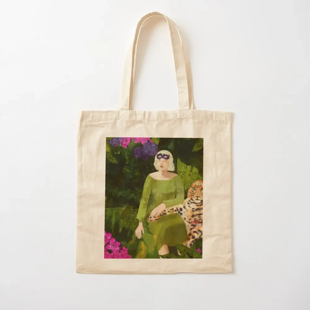 

Love is still a mystery. Woman and leopard in the lush garden. Tote Bag hand bag ladies Beach bag