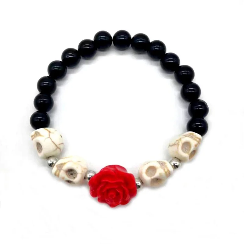 Cross-Border Hot Selling Halloween Skull Bracelet String Beads Adjustable Rose Flower  Woven Ghost Head Personalized Bra