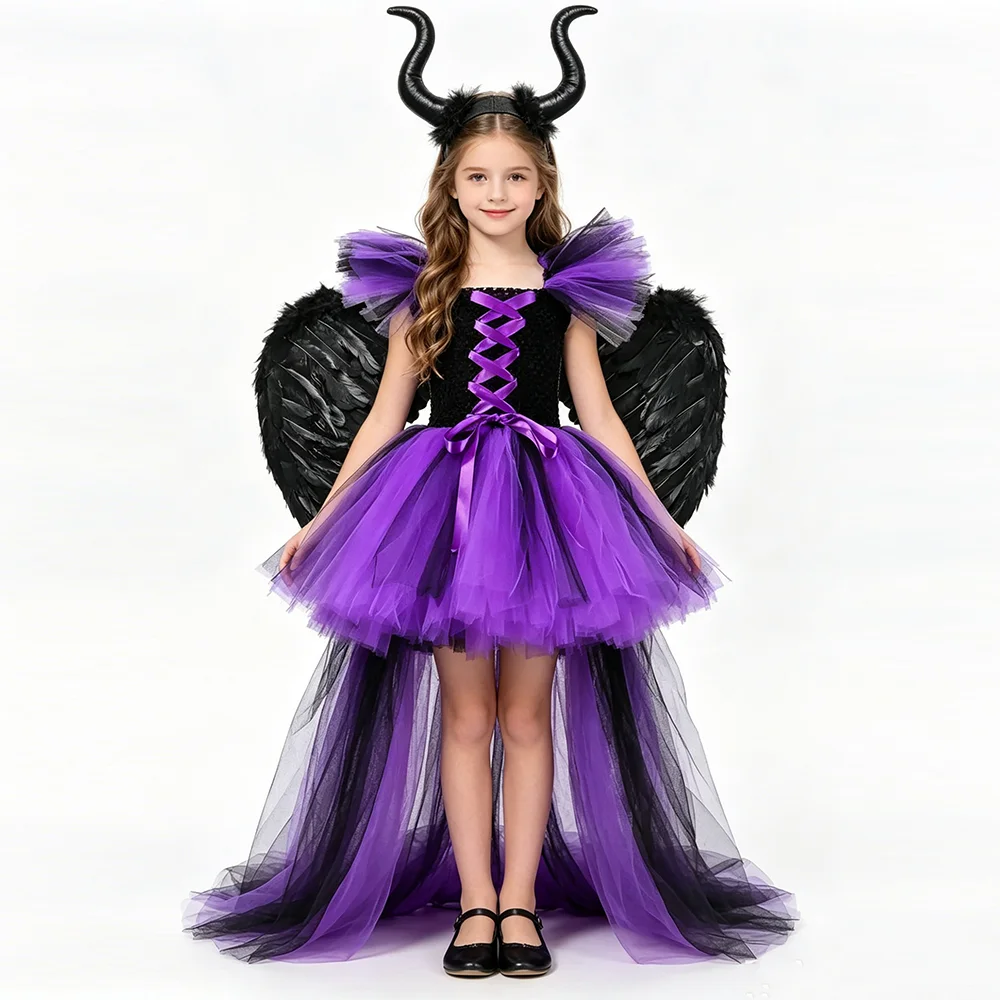 High Low Dark Fairy Halloween Costume for Girls Black Purple Evil Witch Queen Lined Tutu Dress Outfit with Long Tail Wings Horns