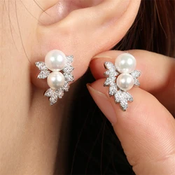 UILZ Exquisite Imitation Pearl Stud Earrings For Women Luxury Leaf Shaped Zirconia Gold Color Earring Wedding Party Jewelry