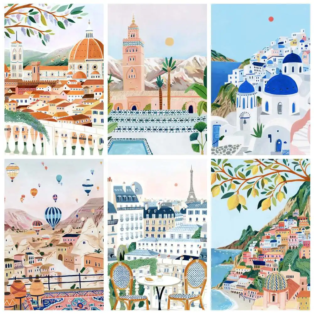 5d Diamond Painting Kit Santorini Positano Amsterdam Wall Art Holland Tulips Mosaic Cross Stitch Embroidery Child DIY Gift