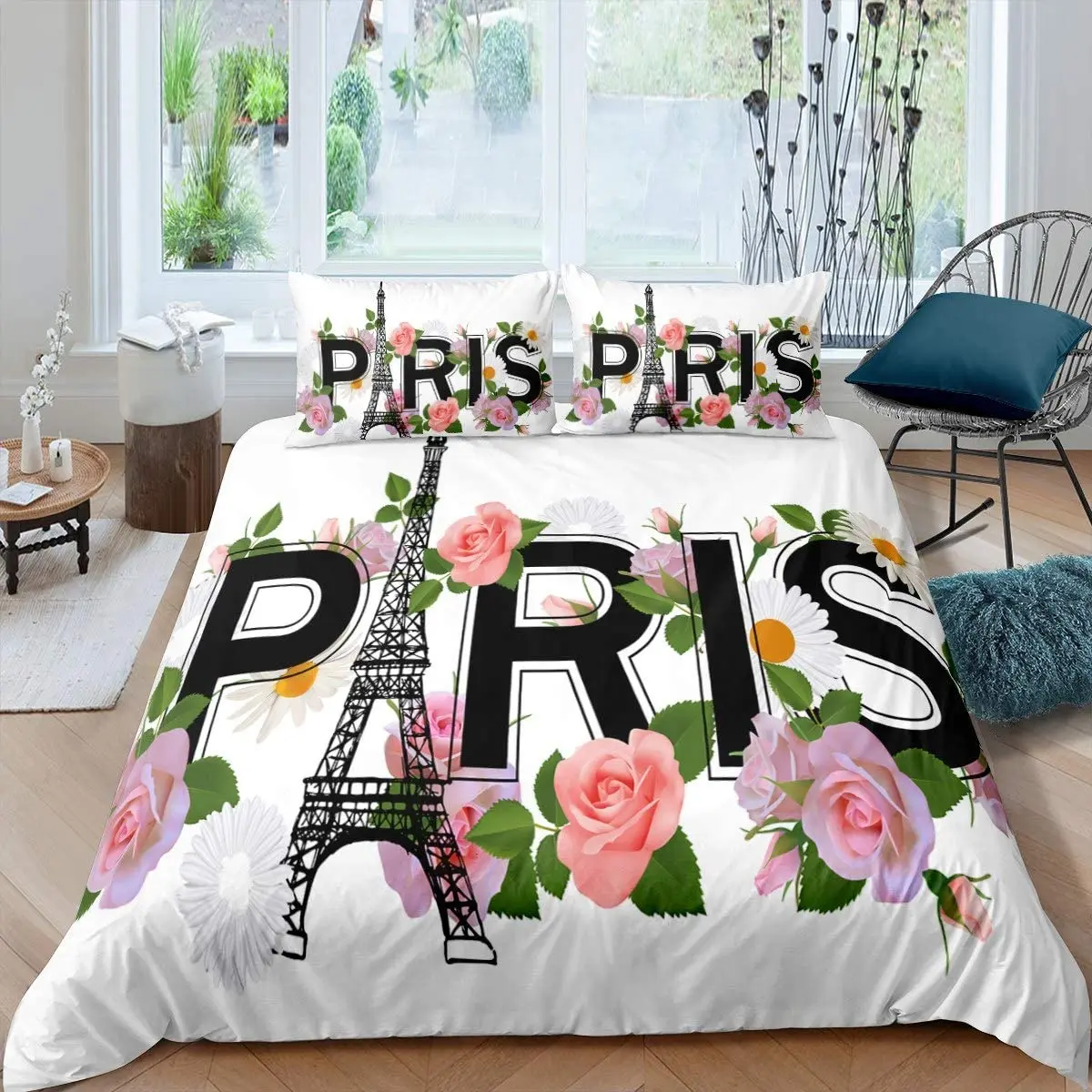 

Eiffel Tower Bedding Set Chic Paris Theme Comforter Cover for Kids Adult Rose Floral Flowers Duvet Cover Modern Style Bed Set