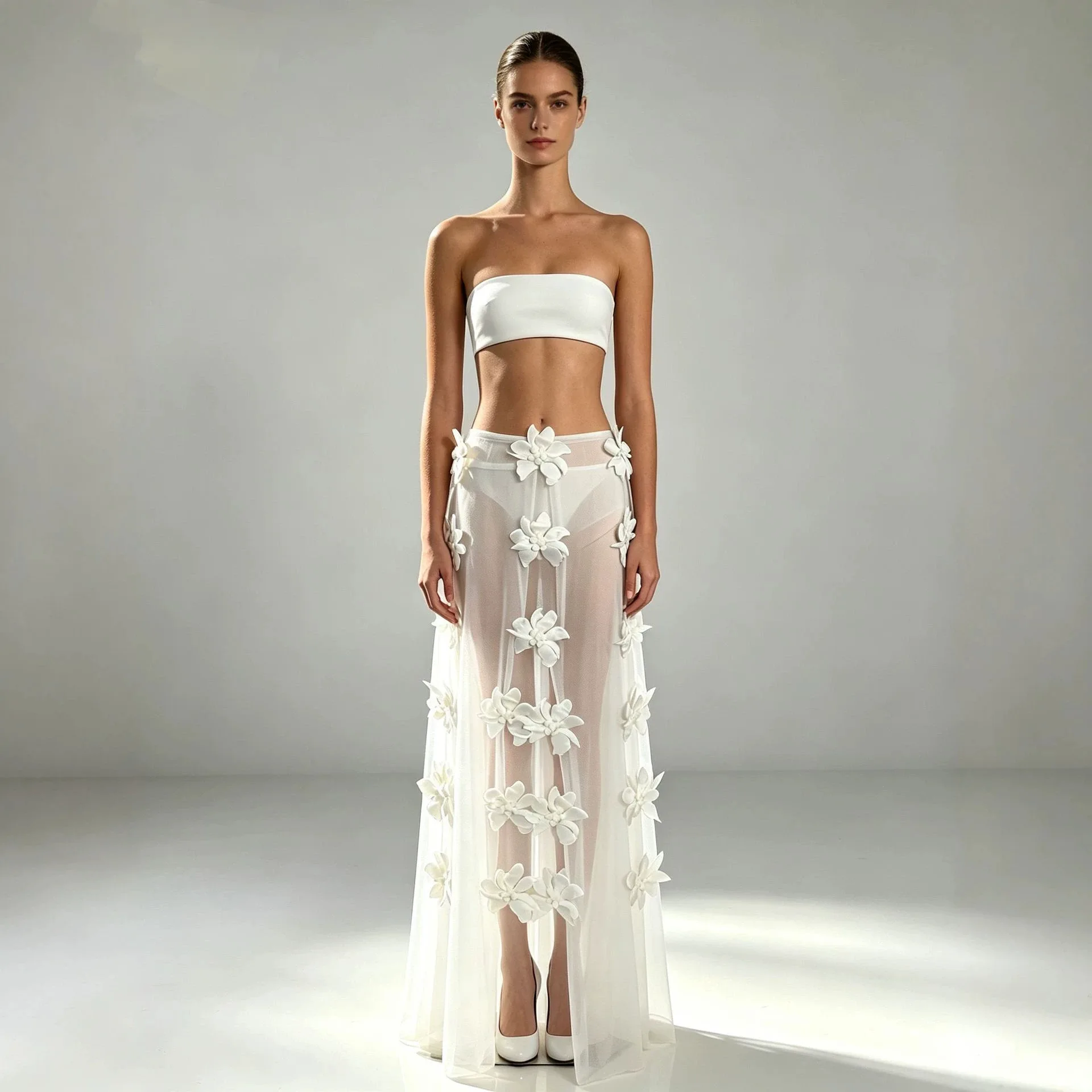 Sexy See Through Mesh Elastic Waist Skirts 3D Floral Loose Solid Straight Long Skirts Lady Chic Holiday Highstreet Y2K Wear