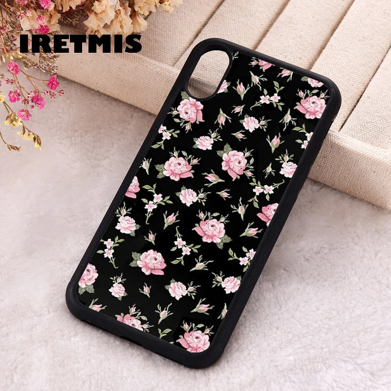 Iretmis Phone Cover Case For iPhone X XS Max XR 11 12 13 PRO MINI 14 15 16 Plus Rubber Silicone Black and Pink Floral