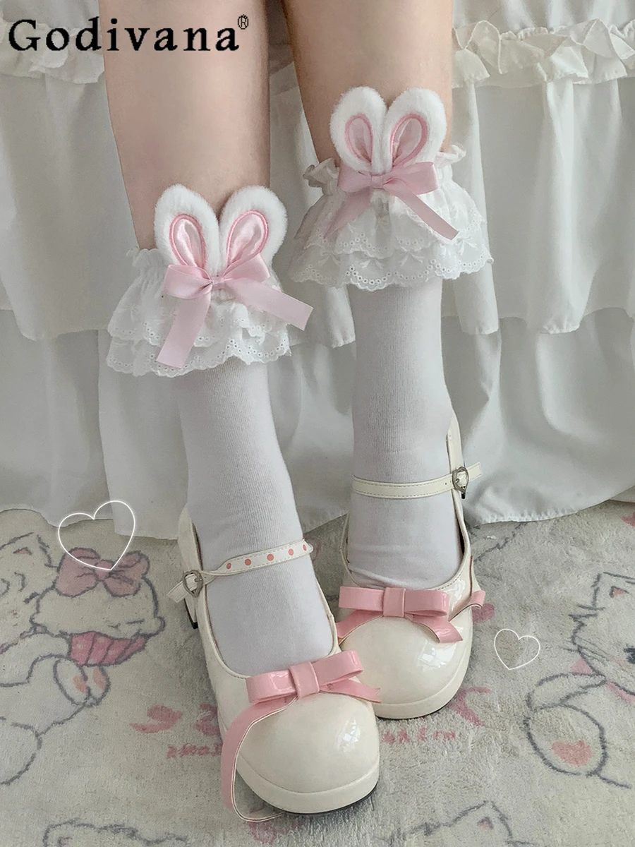 

Original Japanese Girly Sweet Y2k Rabbit Ear Lolita Socks 2024 Summer New Fashion JK Bow Lace Stitching Short Socks For Women