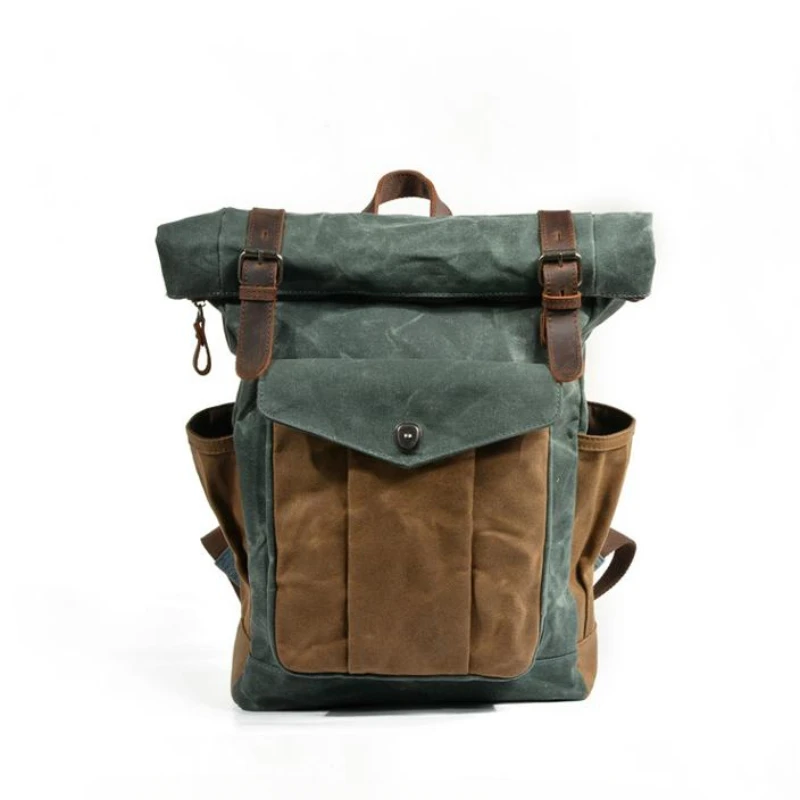 

High-quality retro canvas student horse leather waxed light travel hiking large-capacity waterproof backpack