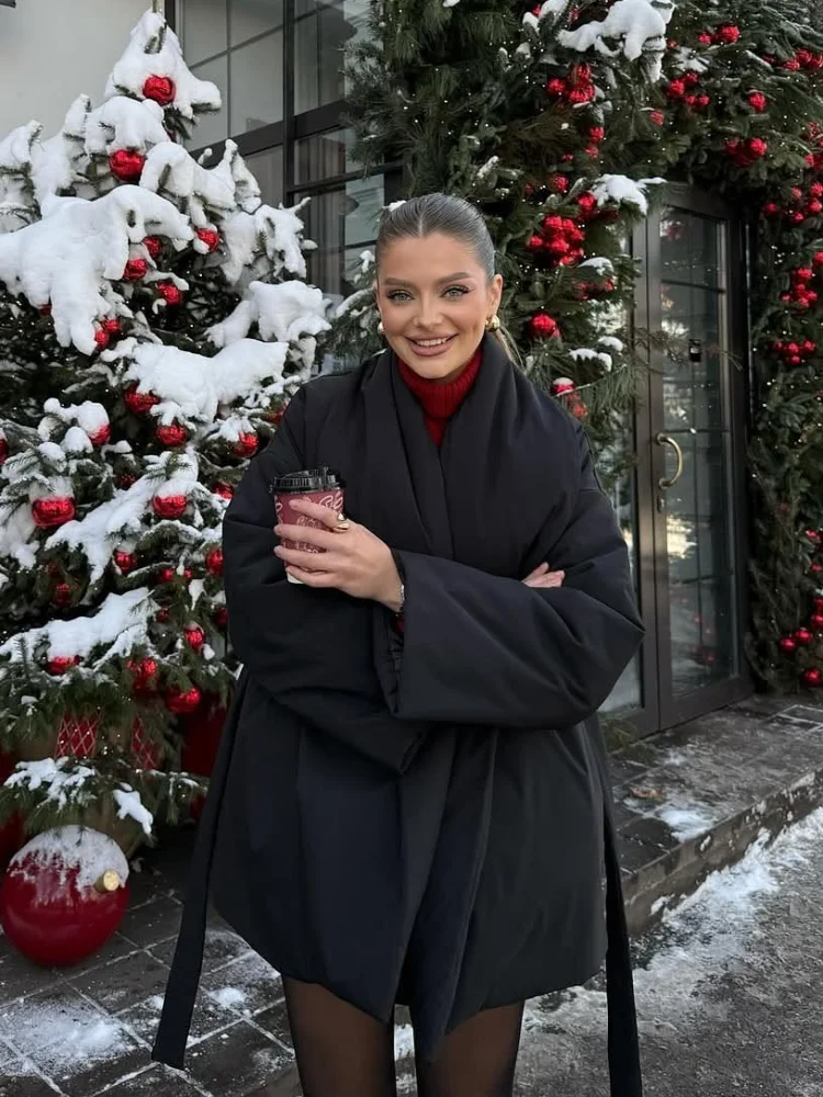 

Женское однотонное хлопковое пальто на шнуровке с v-образным вырезом, повседневное свободное теплое пальто с длинными рукавами на талии, 2022, женская зимняя уличная шикарная верхняя одежда