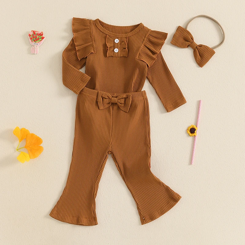 Infant Baby Girls Fall 3 Piece Outfits Solid Color Long Sleeves Romper and Flared Pants with Headband Ribbed Set Newborn Clothes