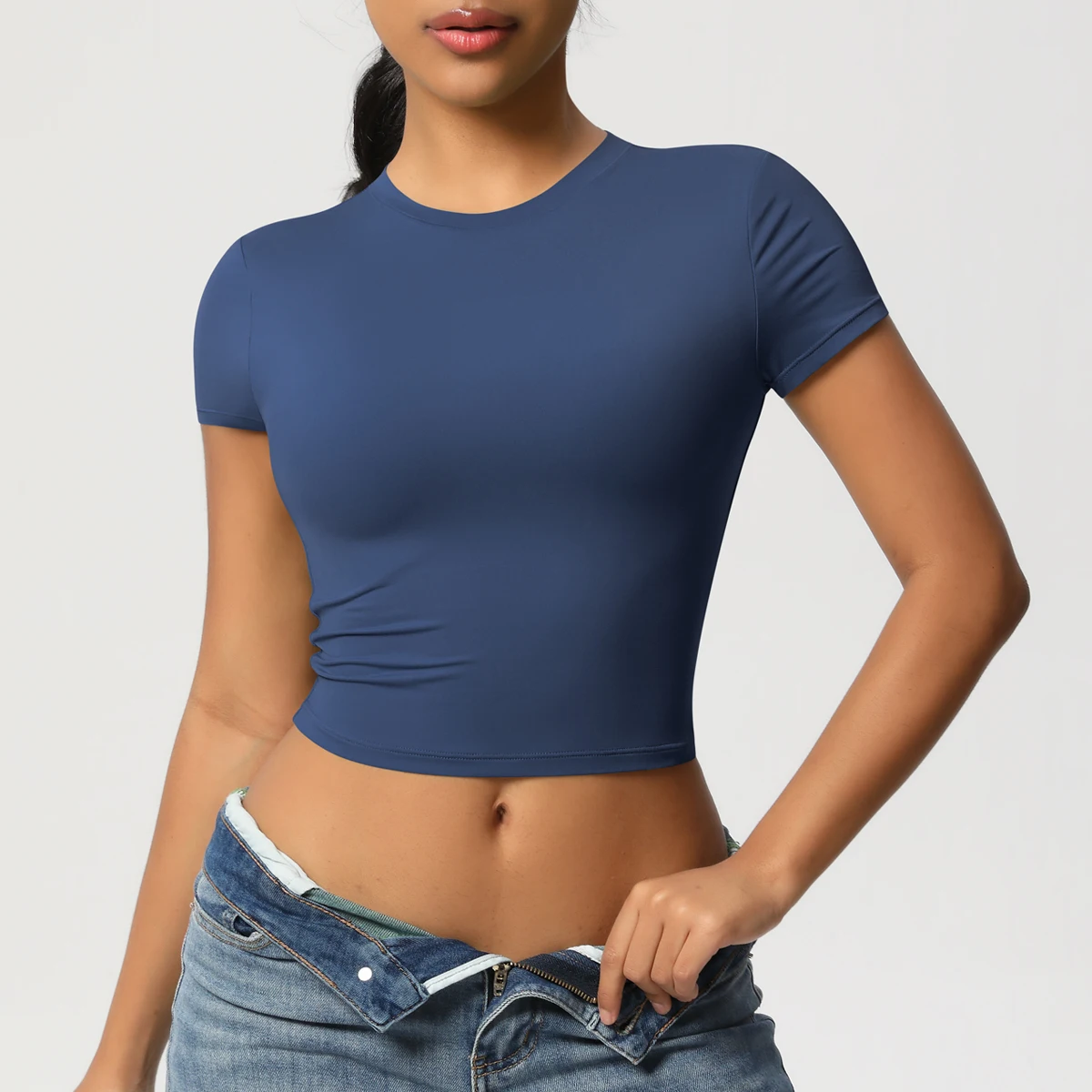 Frauen Sport Shirt Kurzarm Gym Top Workout Kleidung Hohe Elastische Active Wear Femme Lauf Zubehör Fitness T-shirt – Detail 9