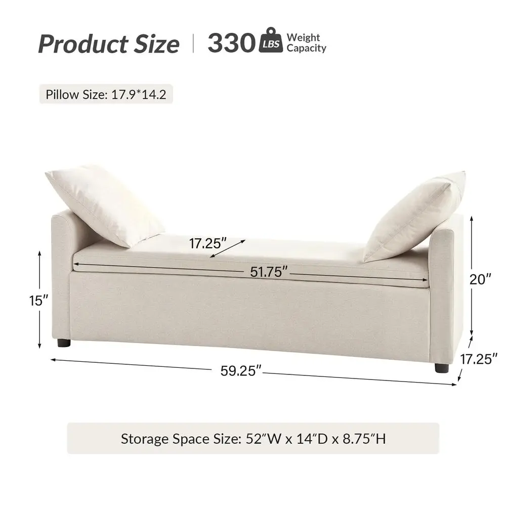 HOME 59 Storage Bench with 2 Throw Pillows, Modern Long Bedroom Bench for End of Bed, Comfy Upholstered Footstool for Entryway
