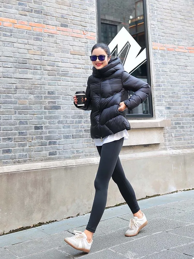 Inverno thiened branco ganso para baixo com capuz jaet feminino comprimento médio puffer casaco sli versátil emagrecimento quente outerwear