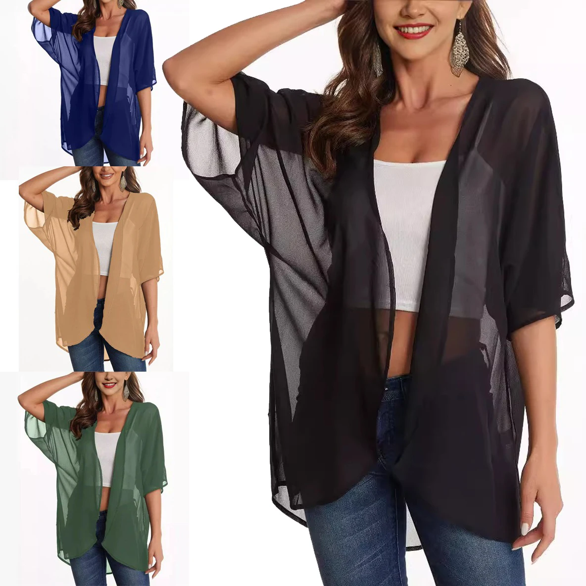 Vintage Floral Loose Cover Up Women Puff sun-protective Cardigan Silk Half Sleeves Casual T Shirt Swimsuit Cover Up Tops Fashion