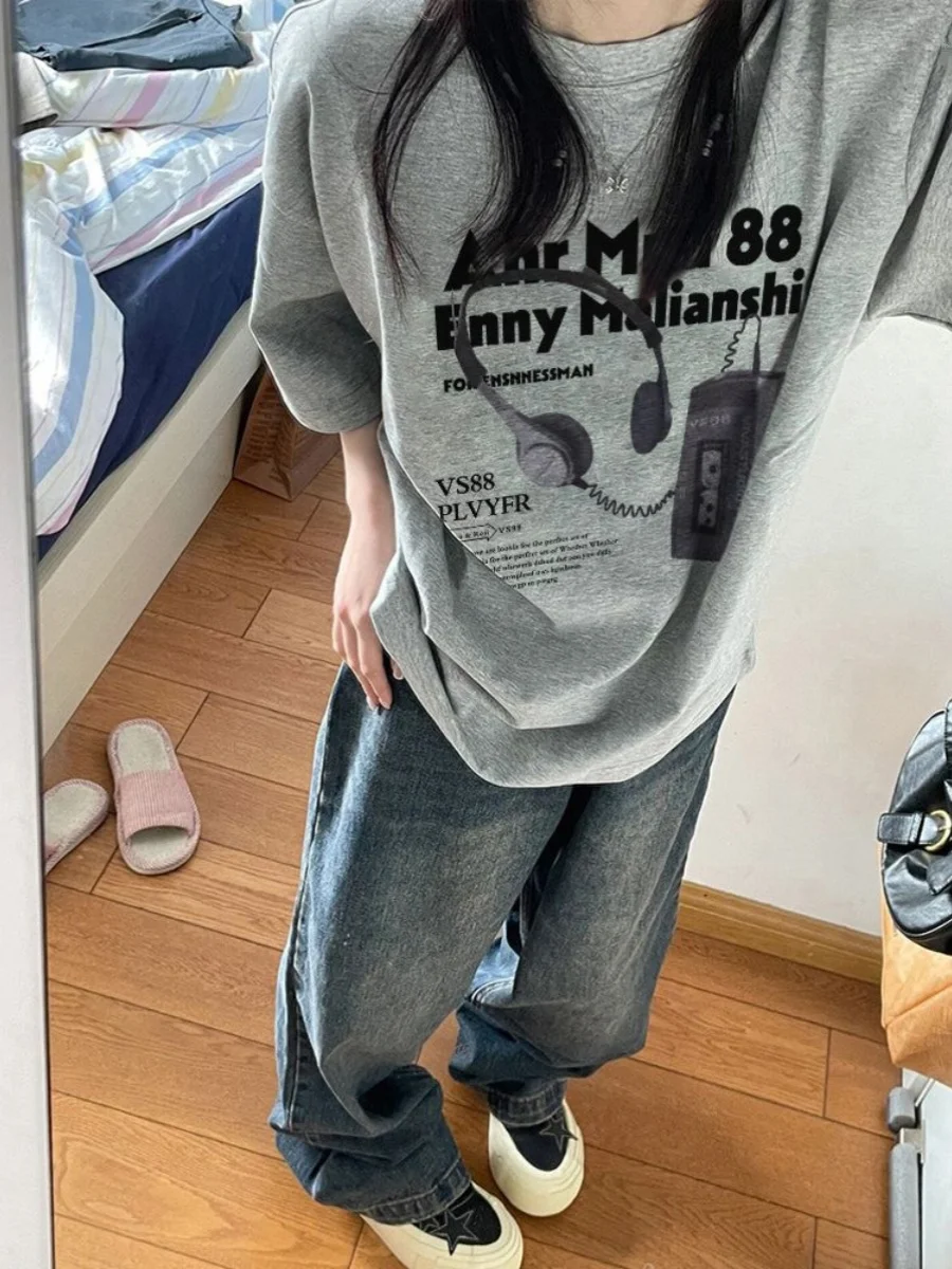 

Женская футболка в стиле ретро American 00% Pure Cotton Light ey ort Sve Loose Summer f Sve Top Ins Commute Sle round ...