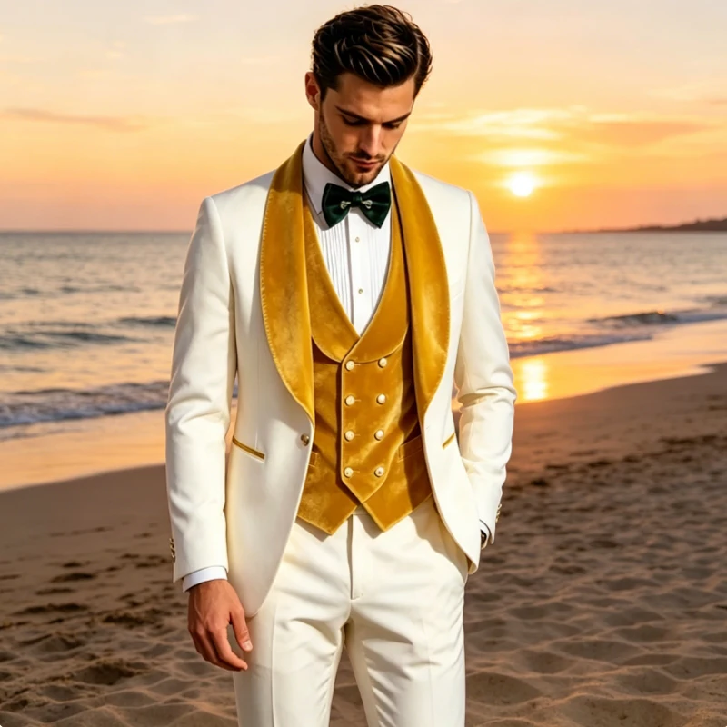 

Men White Tuxedo Suit 3 Piece Shawl Lapel Slim Fit 1 Button Velvet Collar Patched Blazer Vest Pants Set for Wedding Party Groom