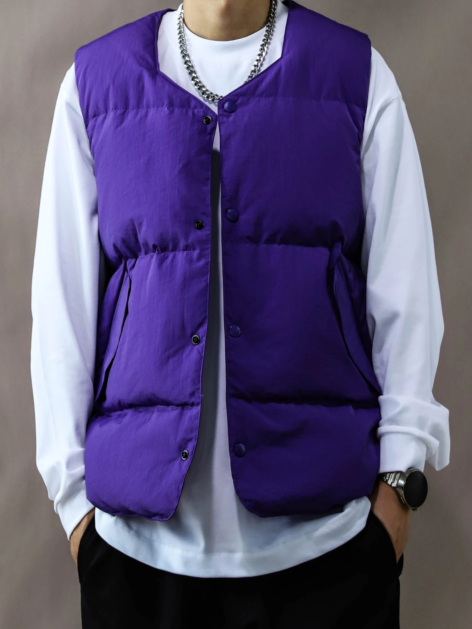 

American Sle Vintage Men's down Vest Loose Casual Purple Autumn Winter New Sle Jaet oulder Pad V-Ne Button Pure Color