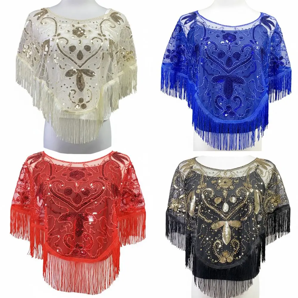 Fashion Sequin Bead Women Tulle Shawl With Tassel Hollow Sling Slim V-neck Multicolored Evening Prom Cape Wedding Accessories