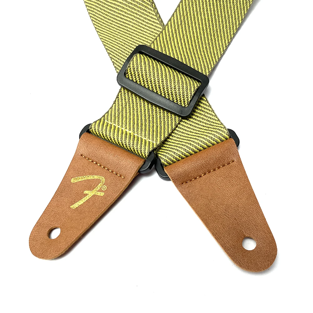 Gelber Twill-Gitarrengurt, verstellbar, bequem, für Akustik-, E-Gitarre, Folk- und Bassgitarre, Leder-Gitarrengurt – Detail 5