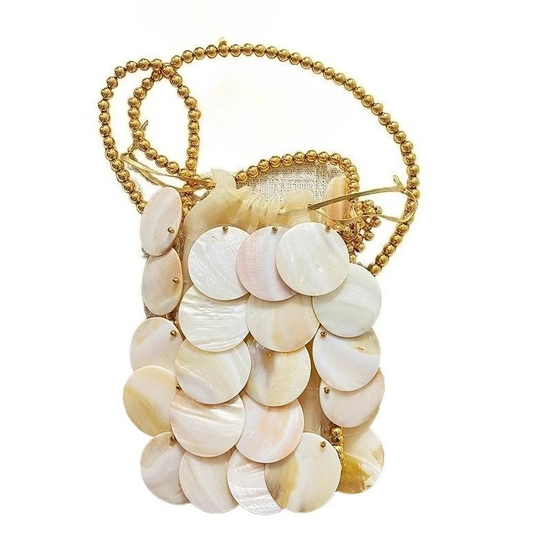 

Fashion Natural Shell Sequins Woven Evening Bag Casual Travel Holiday Gold Beaded Crossbody Bag Female Vacation Beach Phone Bag