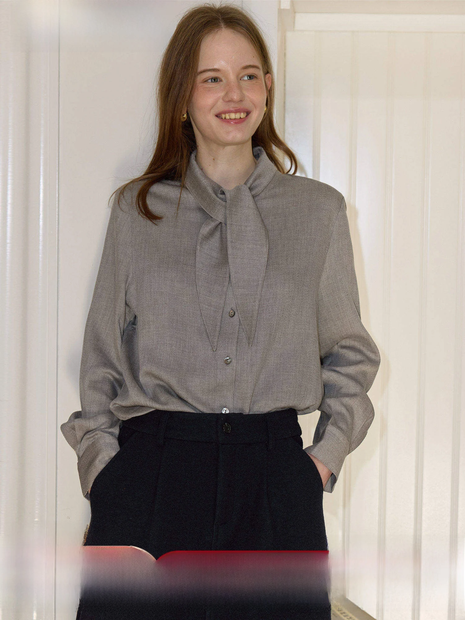 

High Quali Simple Wool Loose Long Sve irt Women's Spring Sle Belted oulder Length Commute Faion Korean Ve...