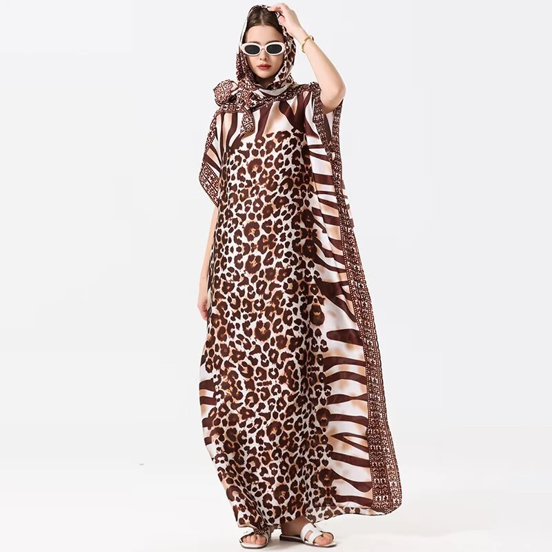 1 leopard-spotted mixed-color satin robe with headscarf, elegant extra-large long dress for women's vacation