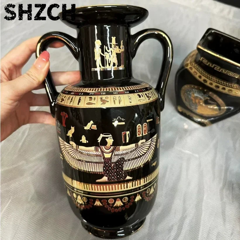 Ancient Egyptian Black Vase Greek Mythical Mysterious Figures Painted in Gold with Double Ears Vase Decoration Pyramid