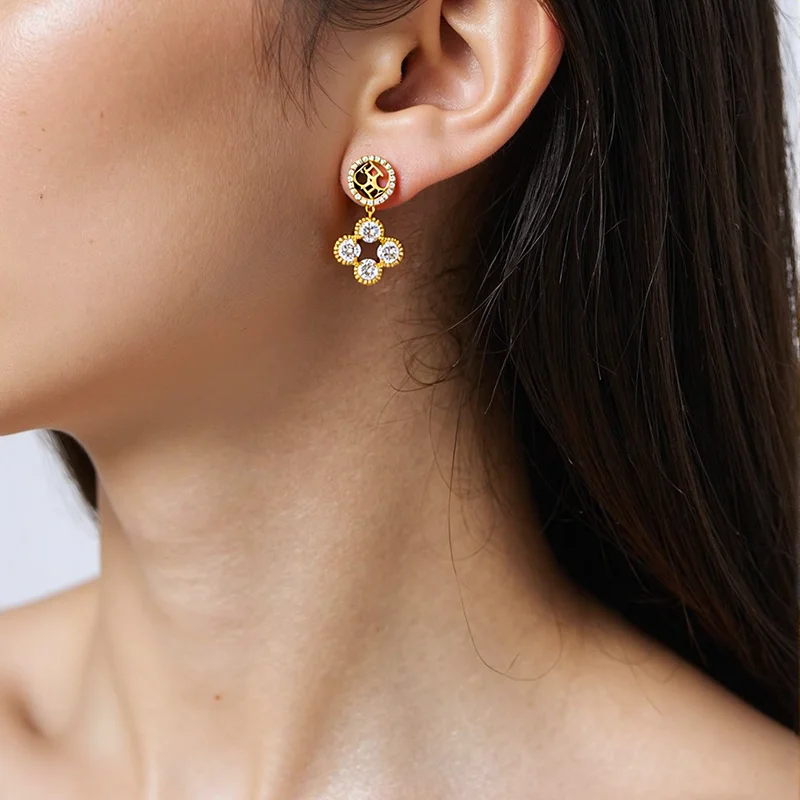 

CH Gold Plated Brass Earrings Round Logo and Four Leaf Crystal Pendant Vintage Elegant Dangle Stud Jewelry Gift For Women