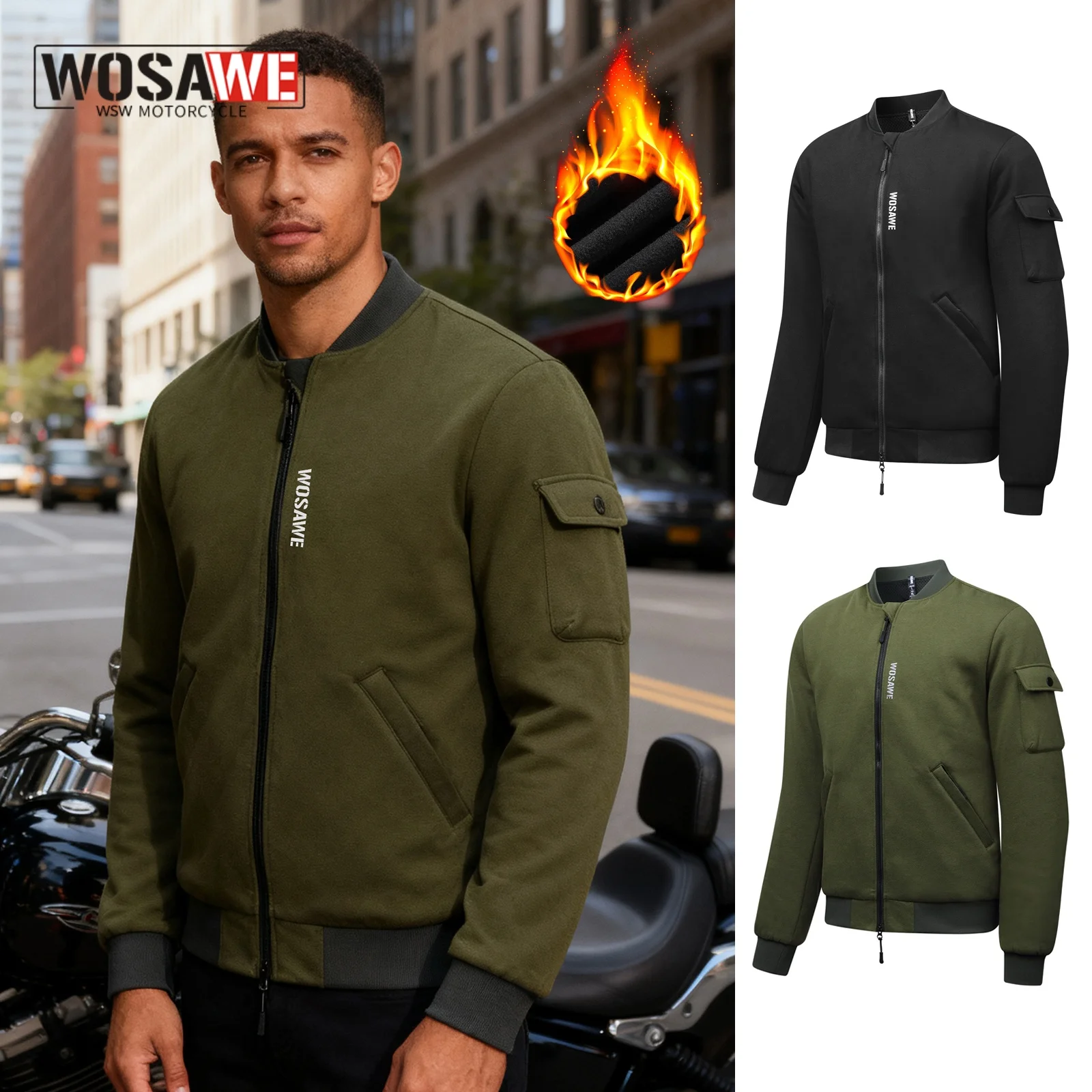 WOSAWE Retro Herren Motorradjacke Lässige Reißverschluss-Jacke für Herbst und Winter Unisex Outdoor-Sport-Fahrradjacke