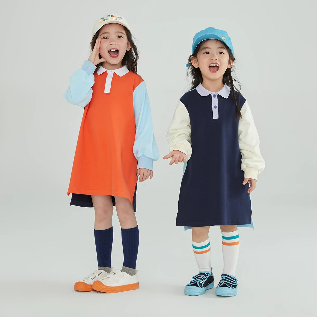 95% Cotton Baby Girls Dress Full Sleeve 2022 Summer Autumn Orange Deep Blue Korea Cute Style Color Mixed Kids Knitted Clothes