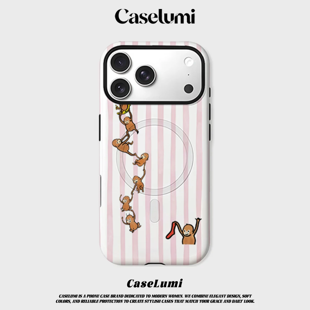 

CaseLumi Matte Bumper For Magsafe Case For iPhone 17 16 15 14 Plus 13 Pro Max Shockproof Hard PC Monkey Pink Stripe Cover