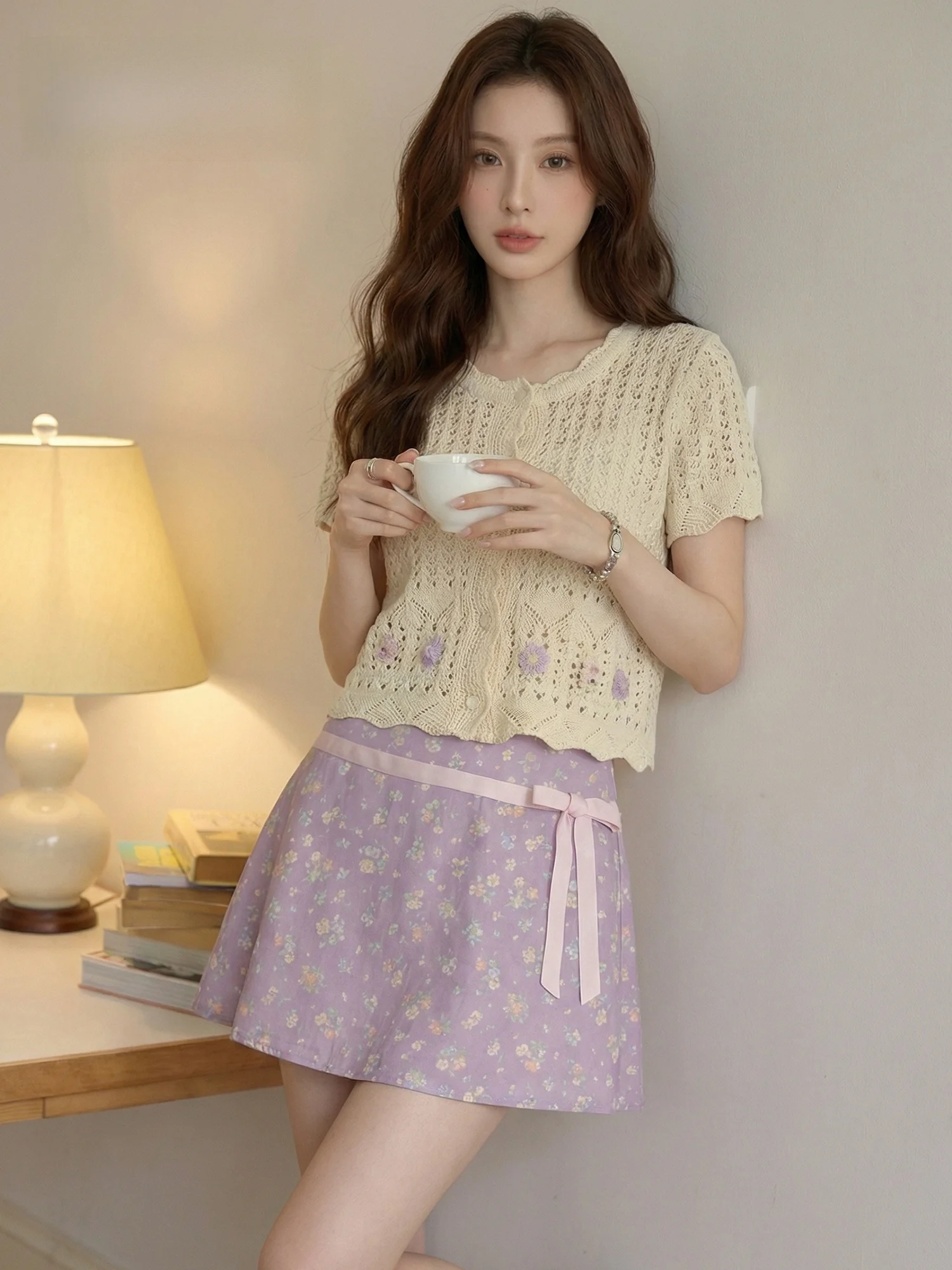 

Юбка Meng Xiaoqi в школьном стиле с цветочным принтом, женская летняя новинка, ультракороткая А-образная юбка с бантом и узлом