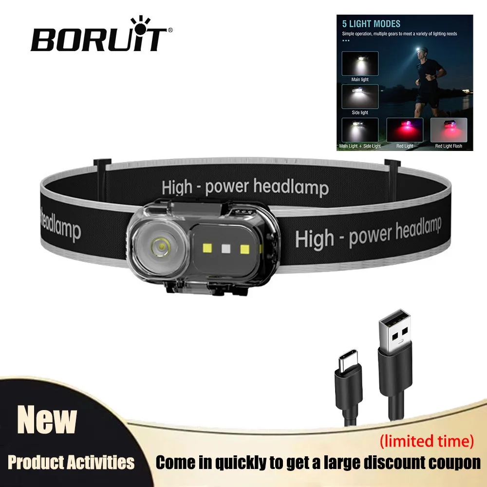 

BORUiT LED Motion Sensor Headlamp Rechargeable Waterproof Headlight with Power Display Portable Torch for Outdoor Camping Use