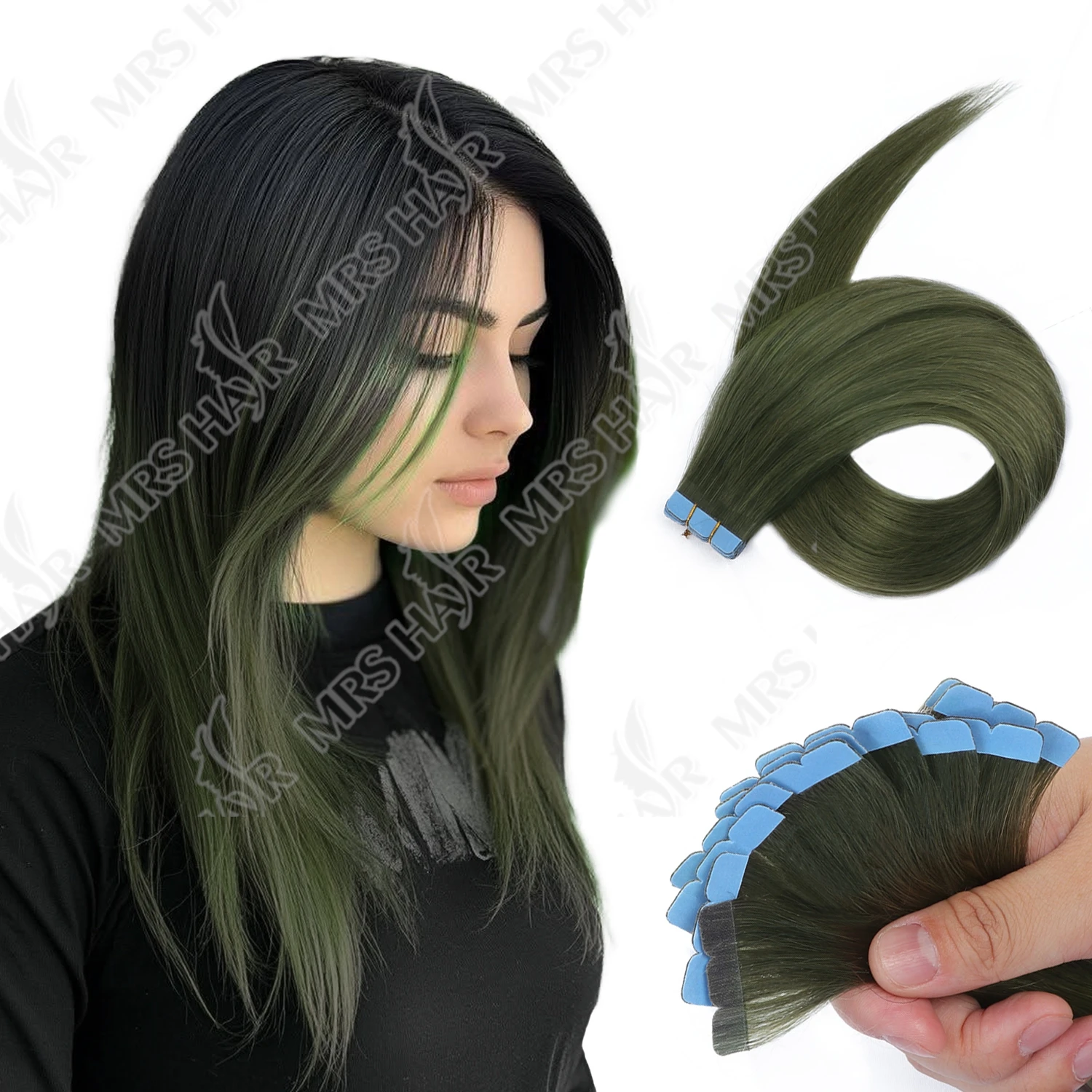 MRSHAIR Mini cinta en extensiones de cabello máquina de trama de piel-extensiones de cinta Natural Remy verde guisante 10 unids/pack 12-20 pulgadas