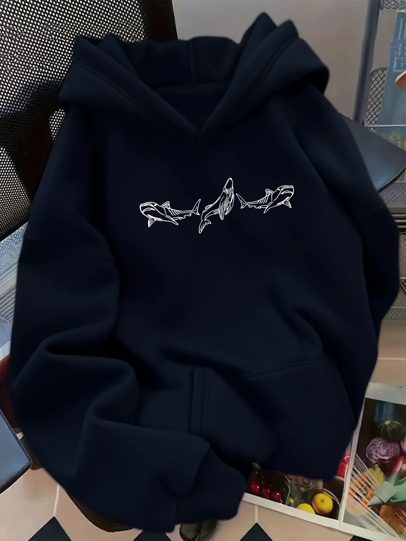 Men Outdoor Surf Hoodie Minimal Shark Sketch Front Print Soft Loose Navy Casual Ocean Lover Long Sleeve Tops