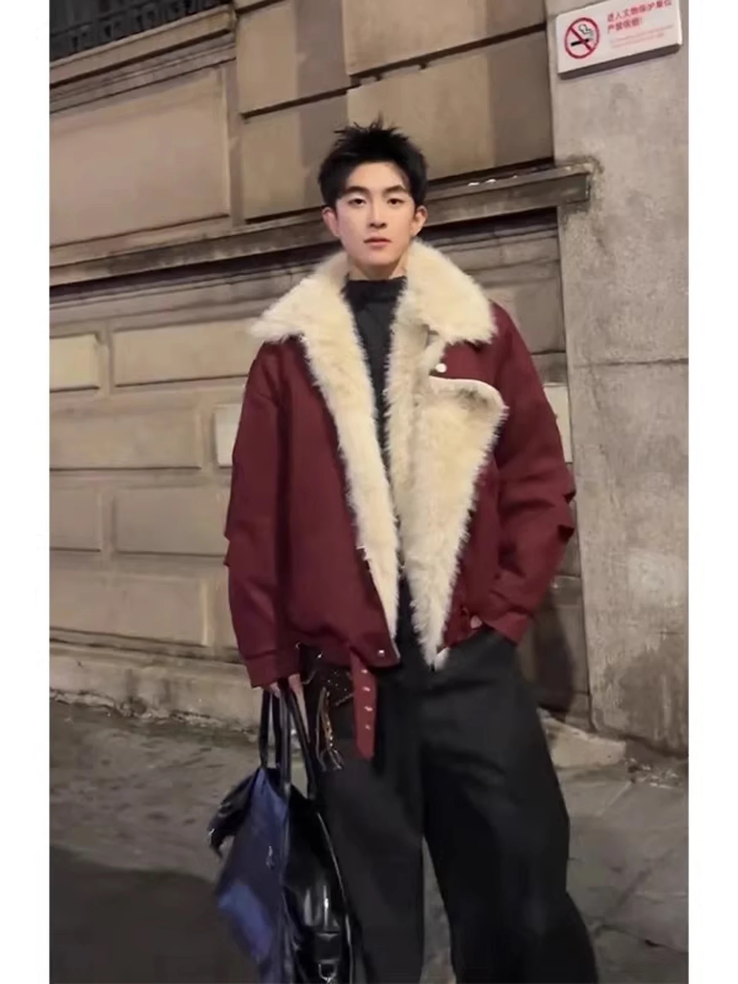 

Red American High Street Sle Men's Cotton Jaet ort Quilted Fur Lined Warmth Winter Outerwear Casual Faion Coat