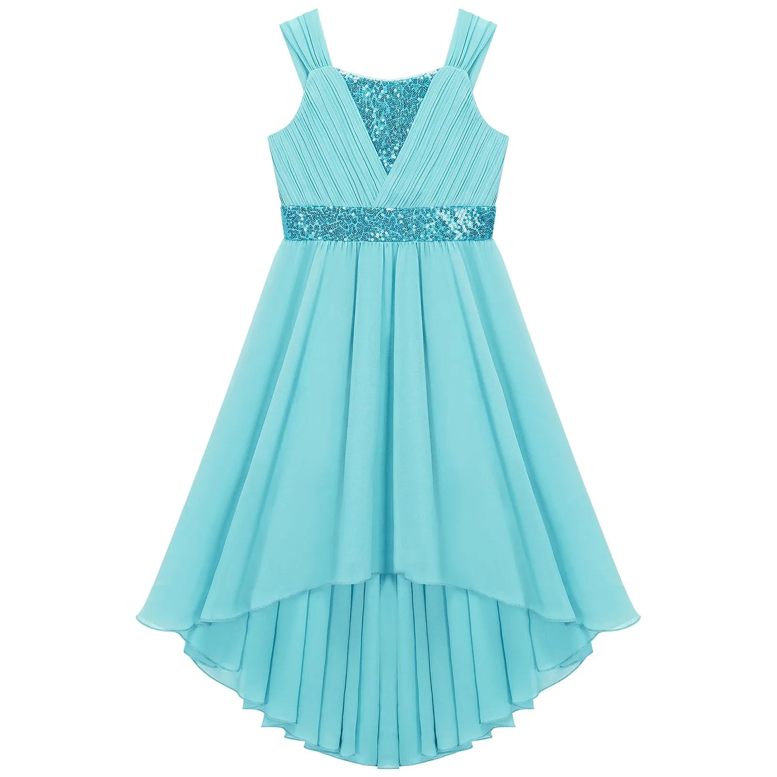 Children Flower Girls Dress Elegant Chiffon Princess Wedding Birthday Formal Party Dress Sleeveless Sequin Hi-low Hem Maxi Gown