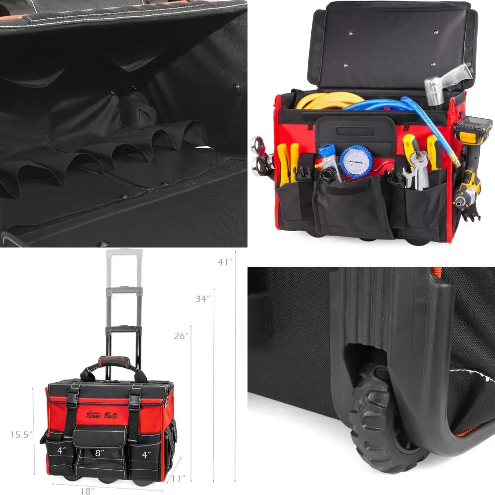 

Сумка для инструментов на колесах с 18 регулируемыми телескопическими ручками, широким отделением для хранения и колесами