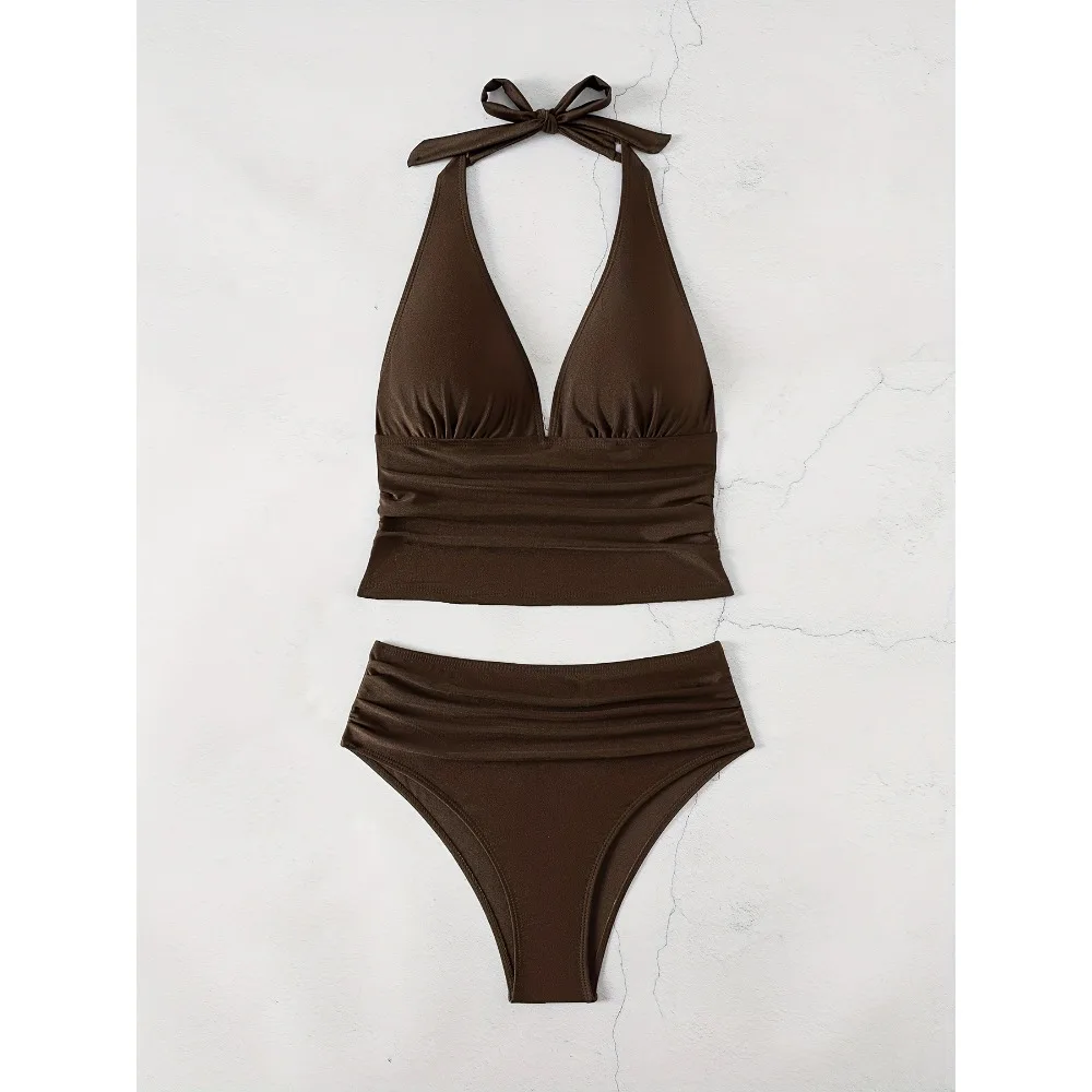 Seksowne bikini z wysokim stanem 2025, damski strój kąpielowy dwuczęściowy, damskie zestawy bikini, brązowe kostiumy kąpielowe, brazylijskie biquini, strój na basen