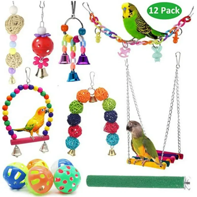 Parrot Bite Toy Pet Bird Swing Suspension Bridge Plastic Ball Color Random 12-Piece Set