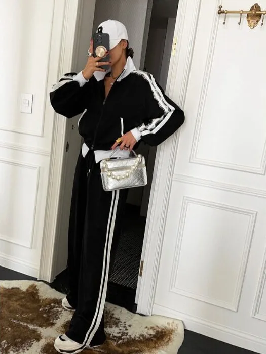 Lace Trim Color Block Open Cardigan Women's Stand Collar Double Zipper Loose Elastic Drawstring Wide Leg Pants Set