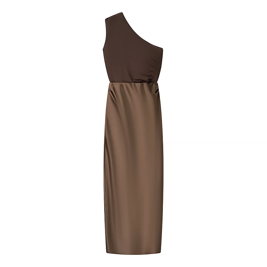 Otoño 2025 nuevo vestido largo de Svel con diseño de hombro decorativo plisado y diseño de empalme ceñido en la cintura para mujer