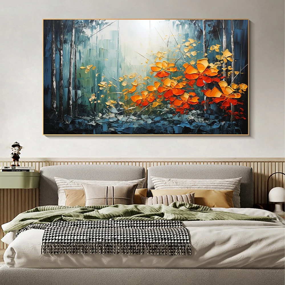 Hand Painted Oil Paintings Original Forest Oil Painting Abstract Orange Flower Painting, Floral Landscape Art living room Decor